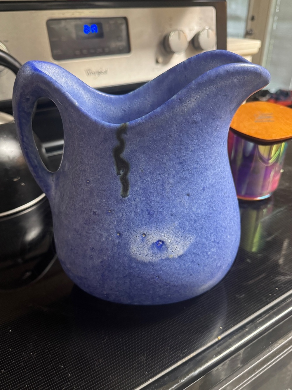 Rare Vintage McCarty Pottery Cobalt Blue Large 9” Pitcher River Mark, Signed